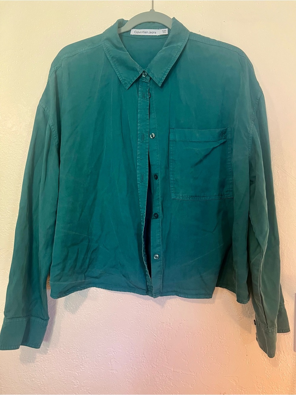 Calvin Klein Jeans Teal Green Long-Sleeve Button-Down Shirt slightly cropped
